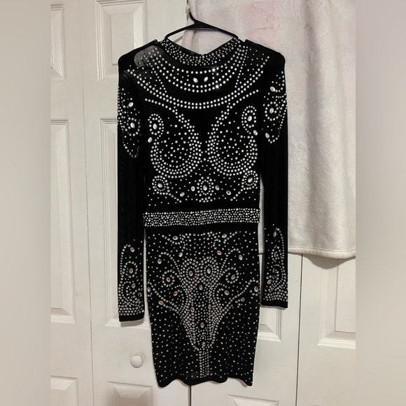 Mock Neck Rhinestone Sheer Mesh Bodycon Dress - Picture 4 of 7